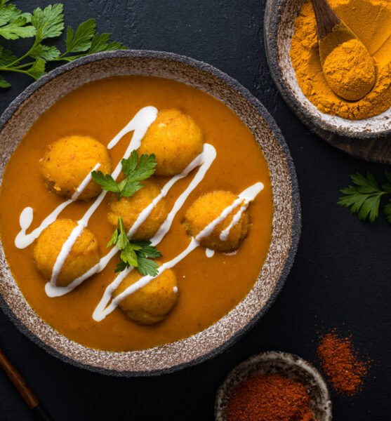 Malai Kofta Curry on a black background, indian cuisine, view from above
