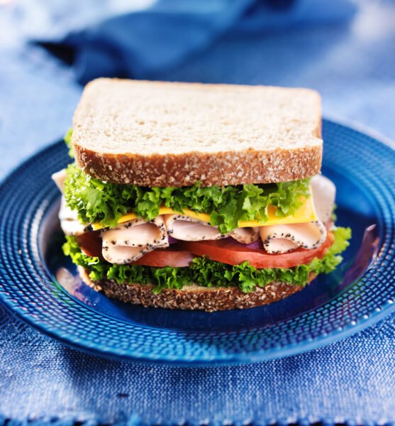 turkey deli meat sandwich on blue plate