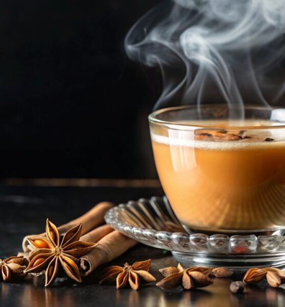 A steaming cup of chai tea with star anise, cinnamon sticks, and cloves on a black surface.